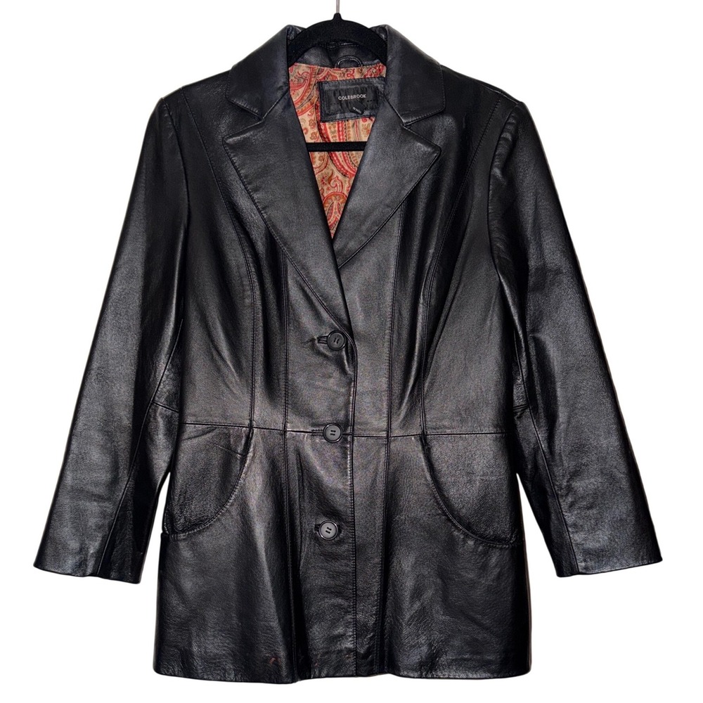 Colebrook Classics Womens Black Leather Blazer Jacket Button Front Lined Medium‎